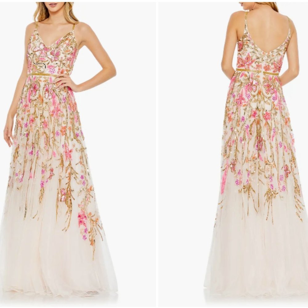 MAC DUGGAL 5671 VNECK FLORAL EMBELLISHED SPAGHETTI STRAPS OSYTSER MULTI GOWN 6